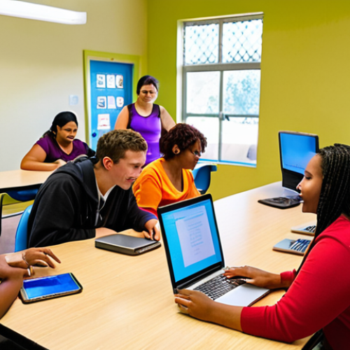 Home 22 **
A diverse group of adult learners gathered around tablets and laptops in a brightly lit community center. A volunteer tutor is assisting a woman with her online GED prep course. The scene emphasizes access to technology and community support for adult education, showing the potential to bridge the digital divide and create a welcoming learning environment.
**