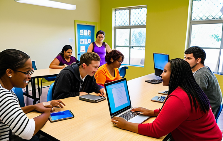 **
A diverse group of adult learners gathered around tablets and laptops in a brightly lit community center. A volunteer tutor is assisting a woman with her online GED prep course. The scene emphasizes access to technology and community support for adult education, showing the potential to bridge the digital divide and create a welcoming learning environment.
**