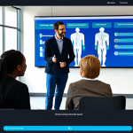 A professional, diverse group of adult learners, fully clothed in modest, contemporary attire, actively engaged in an interactive digital learning session. An empathetic educator, professionally dressed, facilitates the discussion. They are collaborating on a digital project displayed on a large screen in a bright, modern community learning center, fostering an empowering atmosphere of shared discovery. Perfect anatomy, correct proportions, natural pose, well-formed hands, proper finger count, natural body proportions. Safe for work, appropriate content, fully clothed, family-friendly, high quality, professional photography.