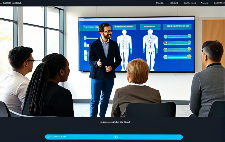 A professional, diverse group of adult learners, fully clothed in modest, contemporary attire, actively engaged in an interactive digital learning session. An empathetic educator, professionally dressed, facilitates the discussion. They are collaborating on a digital project displayed on a large screen in a bright, modern community learning center, fostering an empowering atmosphere of shared discovery. Perfect anatomy, correct proportions, natural pose, well-formed hands, proper finger count, natural body proportions. Safe for work, appropriate content, fully clothed, family-friendly, high quality, professional photography.