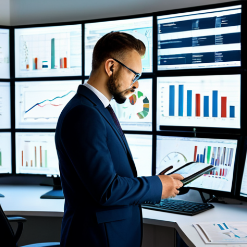 Home 9 A professional data analyst, fully clothed in a modest business suit, intently reviewing complex data visualizations on multiple screens in a clean, modern office environment. The scene emphasizes digital fluency and critical thinking, with a focus on information literacy. The image should convey a sense of insightful analysis and understanding. Professional lighting, high-resolution photography, perfect anatomy, correct proportions, well-formed hands, natural pose, safe for work, appropriate content, family-friendly.