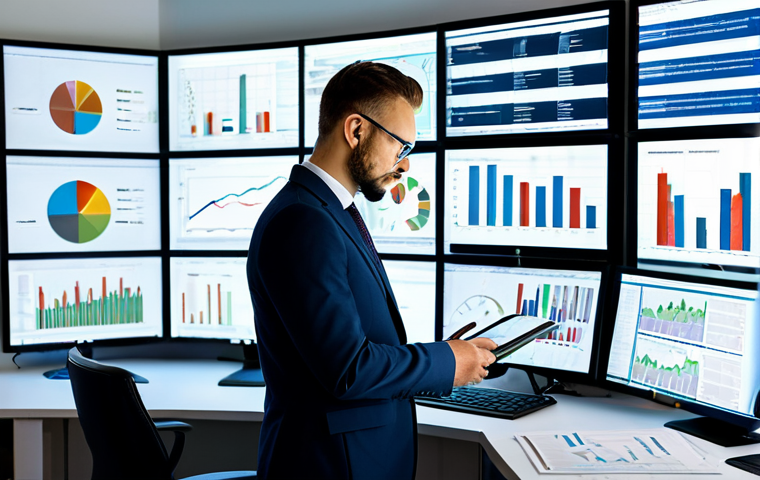 A professional data analyst, fully clothed in a modest business suit, intently reviewing complex data visualizations on multiple screens in a clean, modern office environment. The scene emphasizes digital fluency and critical thinking, with a focus on information literacy. The image should convey a sense of insightful analysis and understanding. Professional lighting, high-resolution photography, perfect anatomy, correct proportions, well-formed hands, natural pose, safe for work, appropriate content, family-friendly.