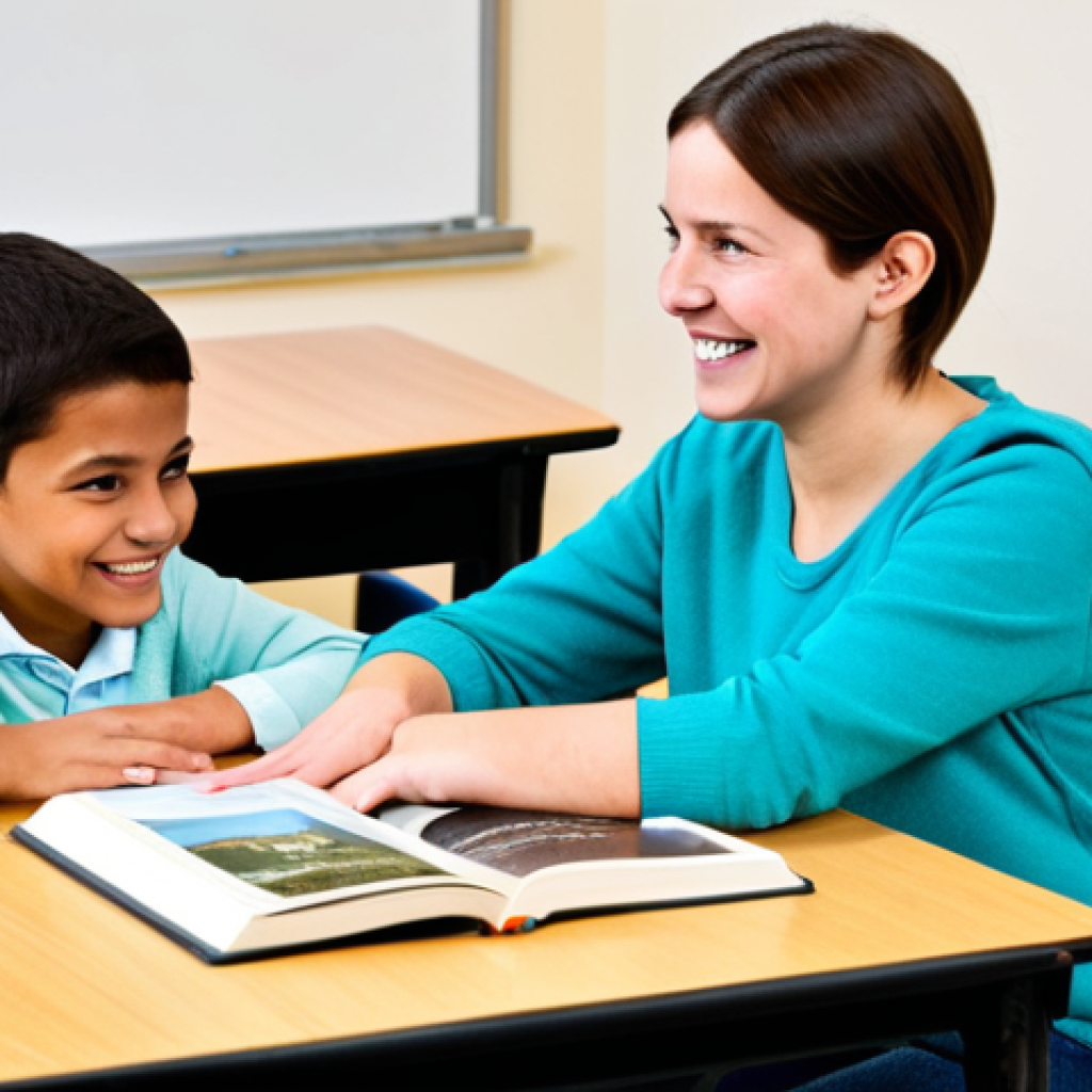 Passionate Literacy Tutor**

A smiling woman in her late 20s, fully clothed in a modest sweater and jeans, sits across a small table from a young elementary school student (8 years old), helping them with a book. The setting is a bright, cheerful after-school program room, filled with books and colorful artwork. The tutor is gesturing encouragingly. Safe for work, appropriate content, professional, family-friendly, perfect anatomy, well-formed hands, natural proportions, natural pose.

**