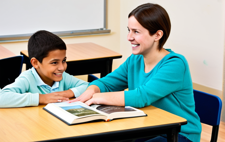 Passionate Literacy Tutor**

A smiling woman in her late 20s, fully clothed in a modest sweater and jeans, sits across a small table from a young elementary school student (8 years old), helping them with a book. The setting is a bright, cheerful after-school program room, filled with books and colorful artwork. The tutor is gesturing encouragingly. Safe for work, appropriate content, professional, family-friendly, perfect anatomy, well-formed hands, natural proportions, natural pose.

**