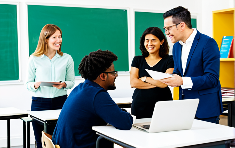 문해교육사와 학습 목표 연구 결과 - **Prompt:** A diverse group of adult learners in a brightly lit classroom, fully clothed in casual a...