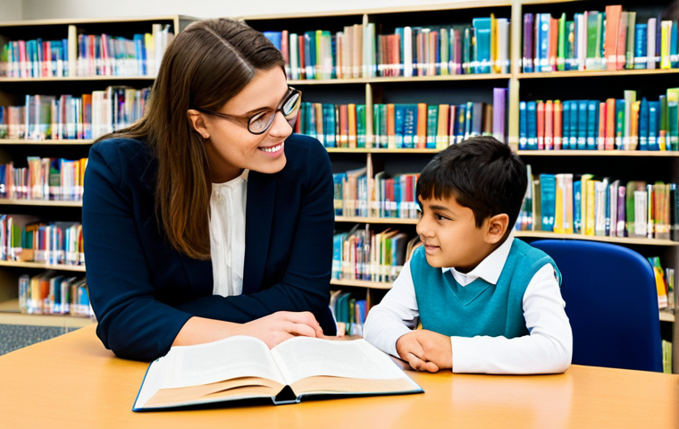 문해교육사 관련 교육기관 비교 - **Prompt:** A dedicated literacy tutor, fully clothed in a professional, modest outfit, patiently wo...