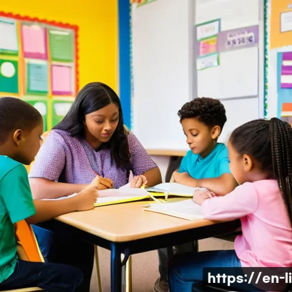 문해교육사와 수업 평가 방법 - A bright, modern classroom scene showing a diverse group of elementary students engaged in guided re...