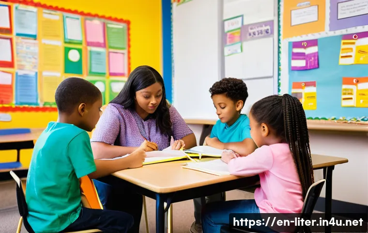 문해교육사와 수업 평가 방법 - A bright, modern classroom scene showing a diverse group of elementary students engaged in guided re...