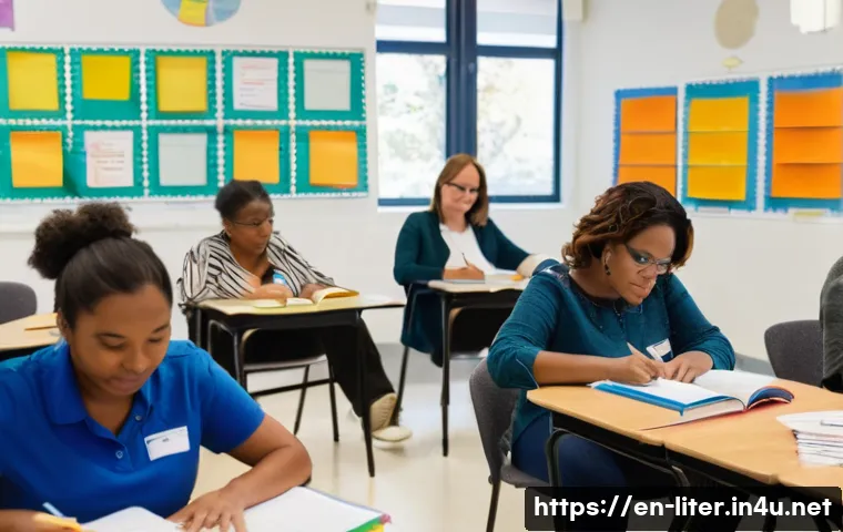문해교육사 교육 평가와 성과 측정 - A diverse group of adult learners in a bright, modern classroom setting, engaged in a literacy works...