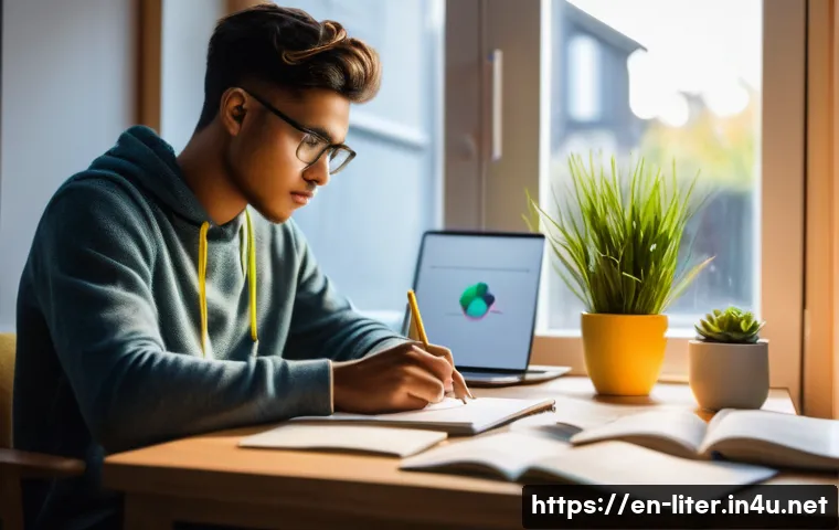 문해교육사 자격증 기출문제 활용법 - A focused young adult studying at a modern home desk, surrounded by open literacy certification exam...