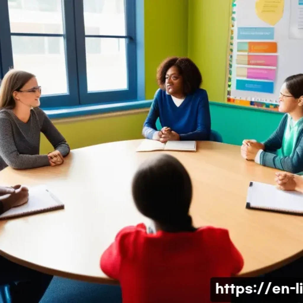 문해교육사와 직업 만족도 유지 사례 - A warm and inviting classroom scene showing a diverse group of literacy educators gathered in a brig...