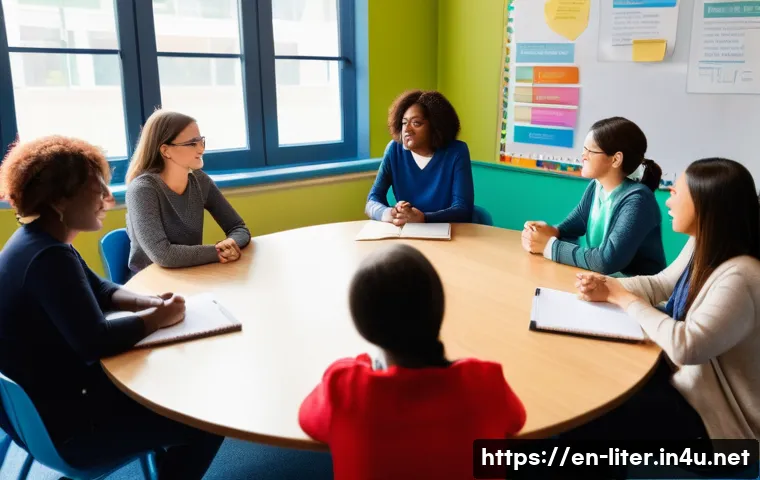 문해교육사와 직업 만족도 유지 사례 - A warm and inviting classroom scene showing a diverse group of literacy educators gathered in a brig...