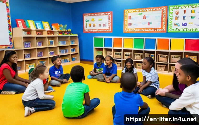 문해교육사와 직무 특성 비교 - A diverse classroom scene featuring a literacy educator working closely with a small group of elemen...