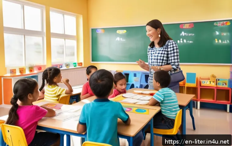 문해교육사와 언어학의 관계 - A bright, inviting classroom scene with diverse young children engaged in phonetic learning activiti...