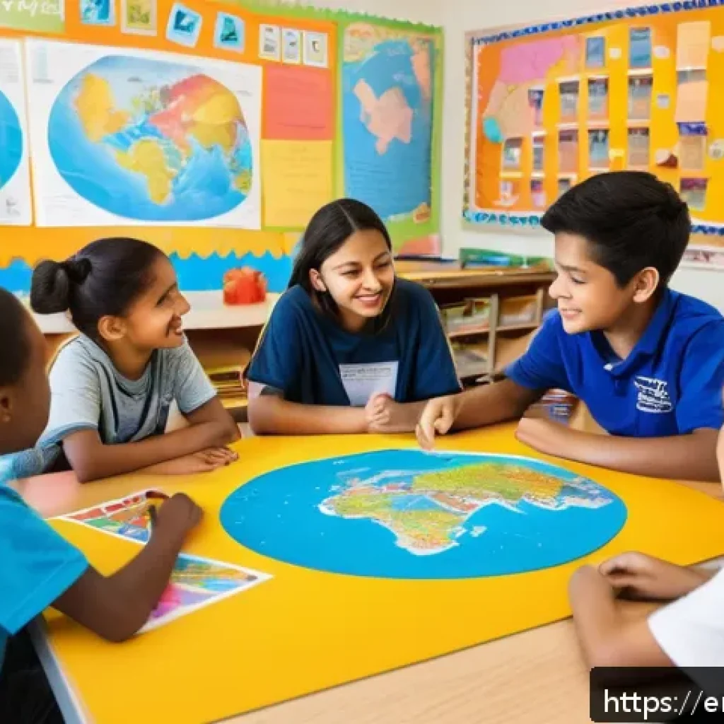 문해교육사와 다문화 교육 - A vibrant, multicultural classroom scene filled with diverse students engaged in collaborative langu...