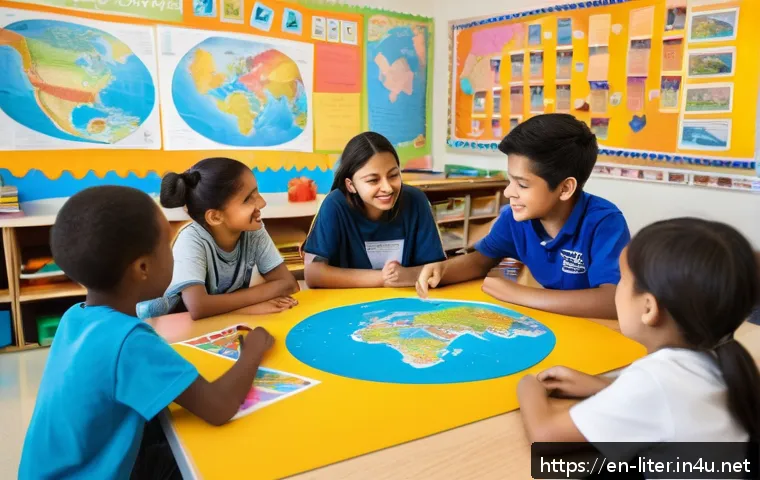 문해교육사와 다문화 교육 - A vibrant, multicultural classroom scene filled with diverse students engaged in collaborative langu...