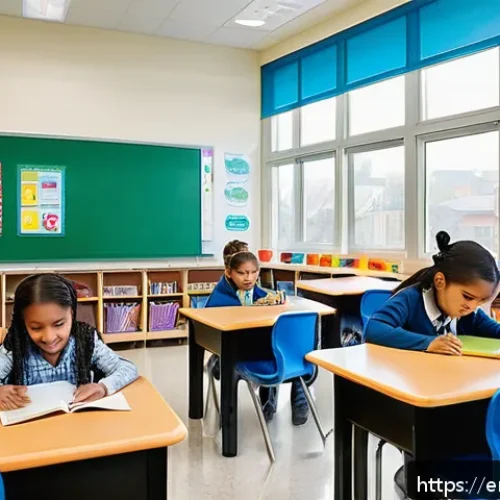 문해교육사와 학습 동기 부여 기법 - A bright and colorful modern classroom filled with diverse elementary school students engaged in col...