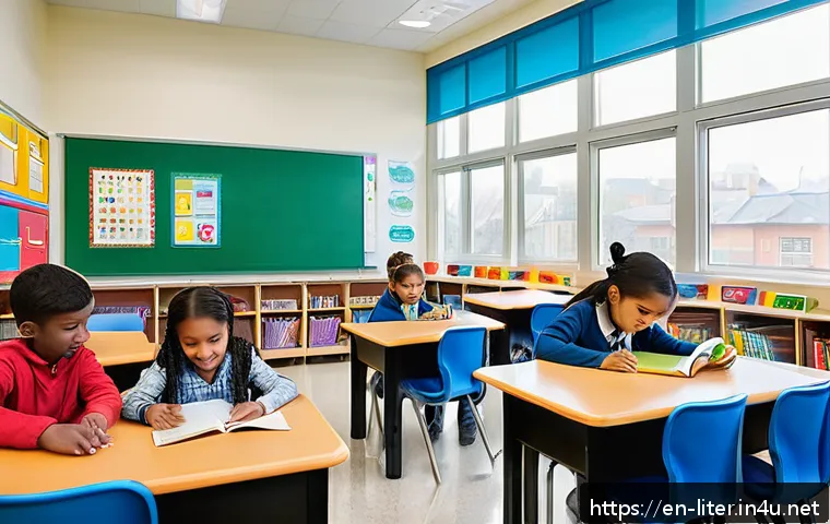 문해교육사와 학습 동기 부여 기법 - A bright and colorful modern classroom filled with diverse elementary school students engaged in col...