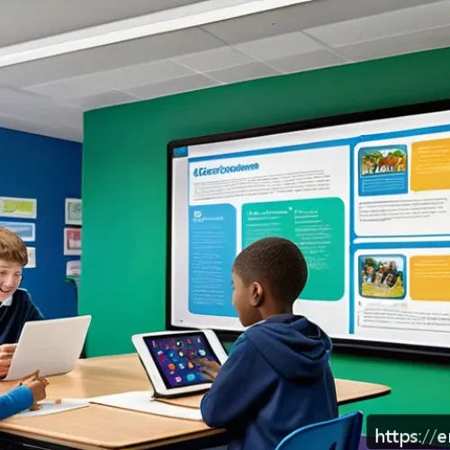 문해교육사와 필수 문해 기술 연구 - A modern, bright classroom scene showing diverse middle school students collaboratively engaging wit...