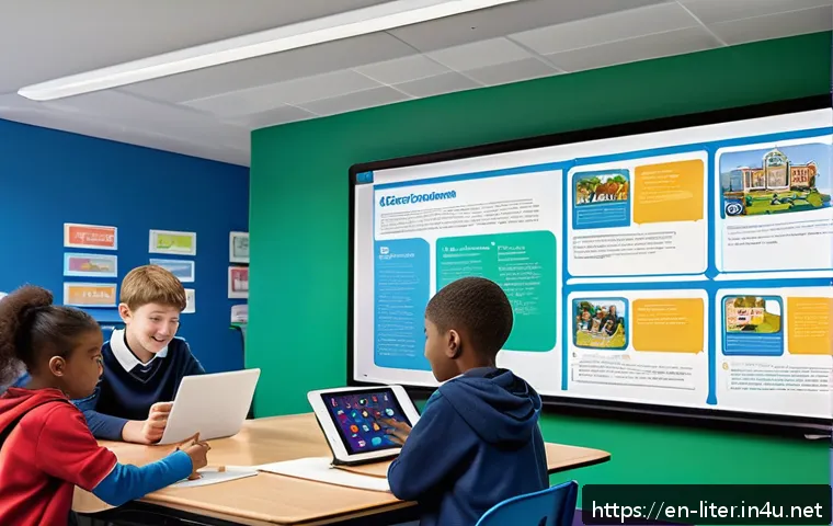 문해교육사와 필수 문해 기술 연구 - A modern, bright classroom scene showing diverse middle school students collaboratively engaging wit...