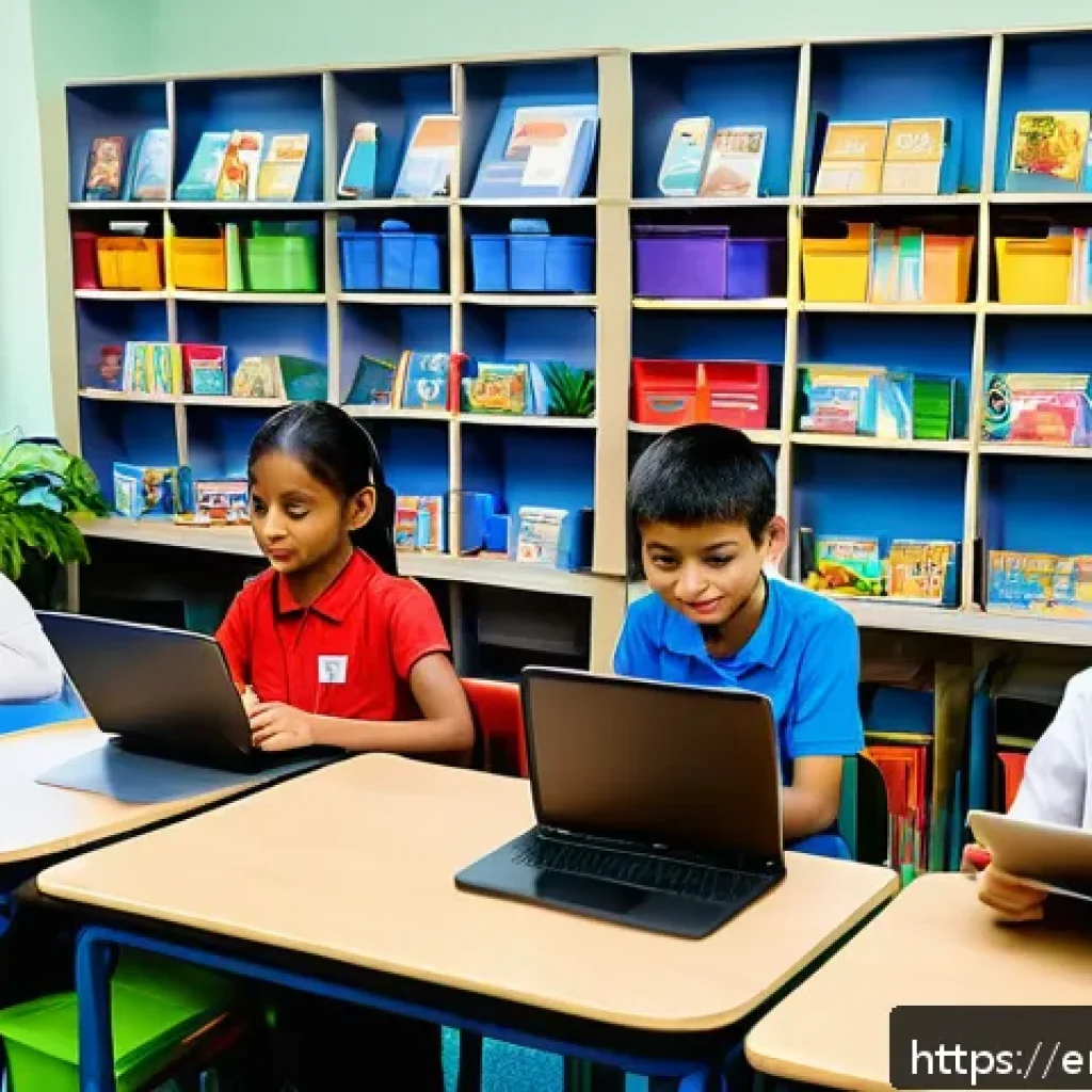 문해교육사 실무에서의 AI 활용 - A diverse classroom scene showing a teacher and students interacting with AI-powered literacy tools ...