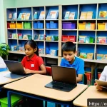 문해교육사 실무에서의 AI 활용 - A diverse classroom scene showing a teacher and students interacting with AI-powered literacy tools ...