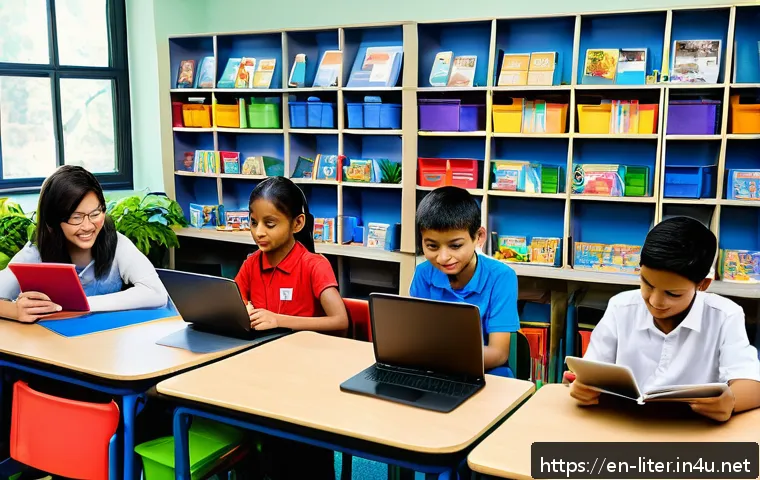 문해교육사 실무에서의 AI 활용 - A diverse classroom scene showing a teacher and students interacting with AI-powered literacy tools ...