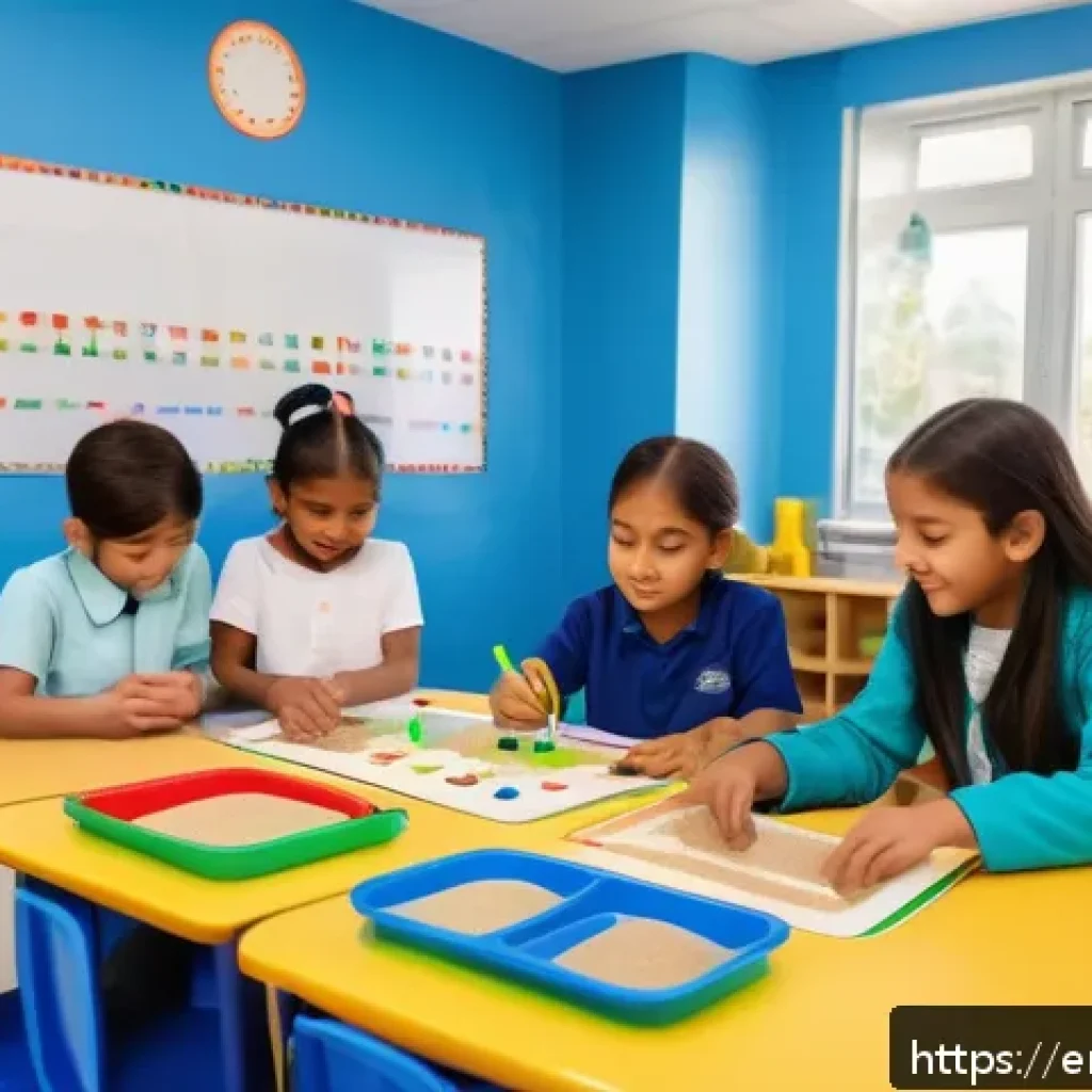 문해교육사와 학생 지원 사례 분석 - A bright and inviting classroom scene showing a diverse group of elementary school children engaged ...
