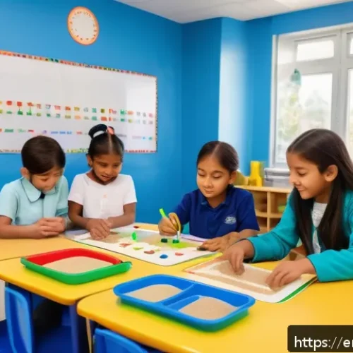 문해교육사와 학생 지원 사례 분석 - A bright and inviting classroom scene showing a diverse group of elementary school children engaged ...