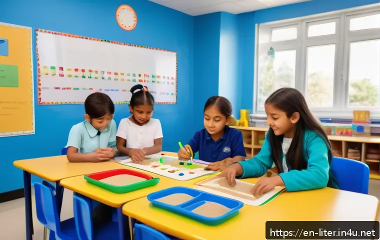 문해교육사와 학생 지원 사례 분석 - A bright and inviting classroom scene showing a diverse group of elementary school children engaged ...